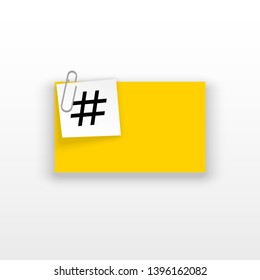 Innovative empty template against the White backdrop. Yellow flat paper Creative banner illustration hashtag in frame with clip. Yellow Color paper template modern typography hashtag design with clip