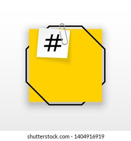 Innovative empty template against the White backdrop. Yellow flat paper Creative banner illustration hashtag in frame with clip. Yellow Color paper template modern typography hashtag design with clip