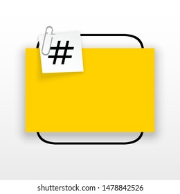 Innovative empty template against the White backdrop. Yellow flat paper Creative banner illustration hashtag in frame with clip. Yellow Color paper template modern typography hashtag design with clip