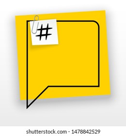 Innovative empty template against the White backdrop. Yellow flat paper Creative banner illustration hashtag in frame with clip. Yellow Color paper template modern typography hashtag design with clip