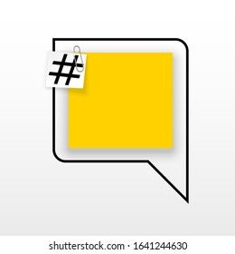 Innovative empty template against the White backdrop. Yellow flat paper Creative banner illustration hashtag in frame with clip. Yellow Color paper template modern typography hashtag design with clip