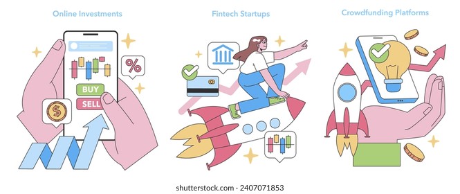 Innovative Finance set. Visualizes online investments, fintech startups' growth, and crowdfunding platforms. Empowering financial engagement. Flat vector illustration