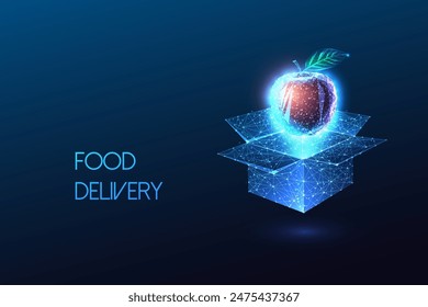 innovative food delivery services, fresh convenient meals futuristic concept with open box and apple on dark blue background. Glowing low polygonal style. Modern abstract design vector illustration.