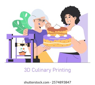 Innovative food printing concept. Two people celebrate with a 3D-printed cake, blending technology and culinary arts. 3D printer and creativity in food design. Vector illustration.