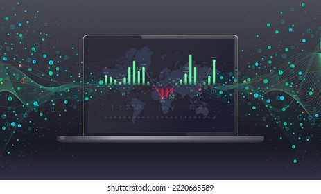 Tecnologías futuristas innovadoras para el procesamiento de grandes datos, análisis y estructuración de la información sobre el fondo de una laptop con un mapa mundial, ilustración conceptual vectorial