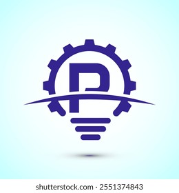 Alfabeto inglés P con bombilla eléctrica y señal de engranaje. Concepto de logotipo de idea creativa