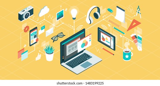 Innovative graphic designer desktop workspace and tools, isometric objects connecting together in a network, technology and creativity concept