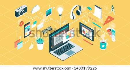Innovative graphic designer desktop workspace and tools, isometric objects connecting together in a network, technology and creativity concept