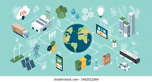 Innovative green technologies, smart systems and recycling for environmental sustainability, network of isometric concepts - Shutterstock ID 1462012364