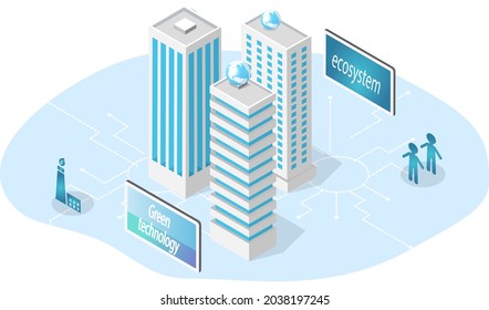 Tecnología verde innovadora, ecosistema ecológico ecológico inteligente para la sostenibilidad ambiental. Construcción de edificios industriales modernos, paisaje urbano. Rascacielos, modelos de edificios altos en nueva ciudad