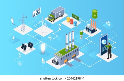 Tecnología verde innovadora, ecosistema ecológico inteligente y reciclado para la sostenibilidad ambiental. El hombre trabaja en la producción de energía alternativa. Consumo ecológico para la producción de electricidad