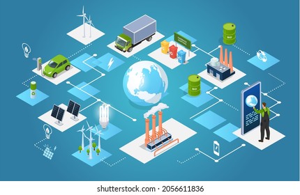 Tecnología verde innovadora, ecosistema ecológico inteligente y reciclado para la sostenibilidad ambiental. El hombre trabaja en la producción de energía alternativa. Consumo ecológico para la producción de electricidad