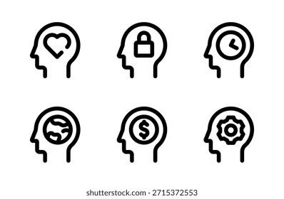 Conjunto de iconos de pensamiento de cabeza innovador, cerebro creativo e iconos de ideas para inteligencia, resolución de problemas e innovación
