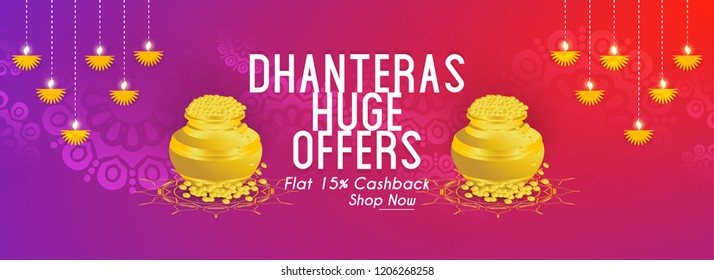 Innovative header, banner or poster for Dhanteras Huge Offers with creative golden pot full of gold design illustration in a background.