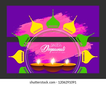 Innovative header, banner or poster for Shubh Diwali or Shubh Deepawali with nice and creative design illustration in a background.