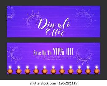 Innovative header, banner or poster for Shubh Diwali Offer with nice and creative design illustration in a background, Diwali Offer Save upto 70%.