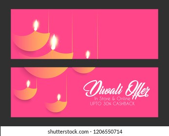 Innovative header, banner or poster for Shubh Diwali Offer with nice and creative design illustration in a background, Diwali Offer.