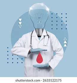 An innovative health care concept illustration featuring a doctor with a light bulb head, symbolizing creativity in health care solutions.