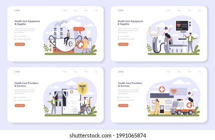 Innovative healthcare industry sector of the economy web banner or landing page set. Hospital supplies production and medical care providing. Modern medicine treatment. Flat vector illustration