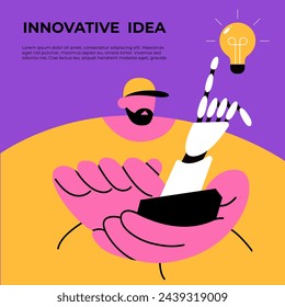 Innovative Idee. Das Brainstorming mit humanoiden Robotern zeigt künstliche Intelligenz. Innovation und Wissenschaftskonzept. Chatbot. Fat Vektor Illustration.