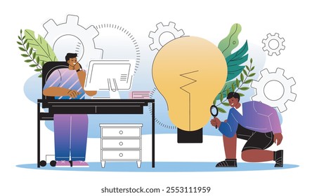 Ideia inovadora. Homens com lâmpada no escritório. Colegas e parceiros trabalhando em um projeto comum. Empresa ou start-up. Colaboração e cooperação, parcerias. Ilustração de vetor plano