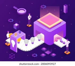 Innovative idea generation concept. Man puts a question mark on the conveyor and gets a ready-made idea. A metaphor of the thought process. Cartoon isometric vector illustration on a purple background