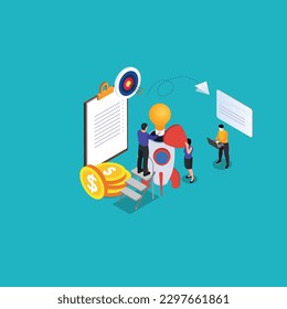 Innovative idea leads to launch of successful enterprise isometric 3d vector illustration concept for banner, website, illustration, landing page, flyer, etc.