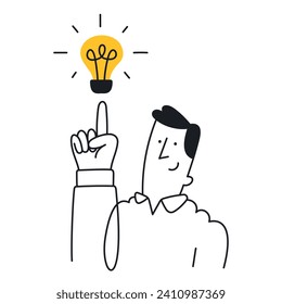 Innovative Idea Realization - A Man with a Light Bulb. Doodle style with an editable strike.