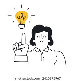 Innovative Idea Realization - Woman with a Light Bulb. Doodle style with an editable strike.