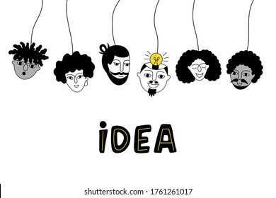 Innovative ideas. Brainstorming. Human faces are hanging in the air and one happy man has an idea. 