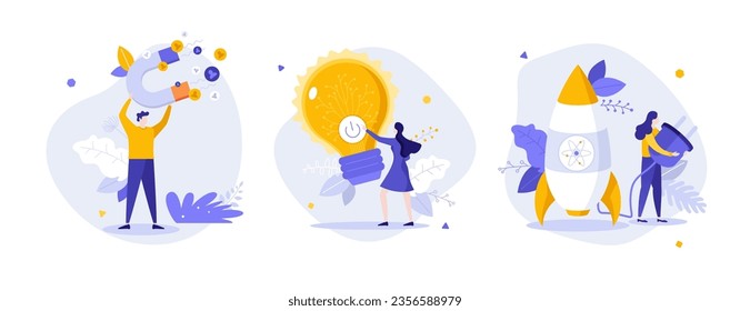 Ideas innovadoras para el conjunto de ilustraciones vectoriales de concepto plano empresarial. Composición de caricaturas de tecnología y promoción. Soluciones para la idea de marketing en sitios web, móviles, presentación