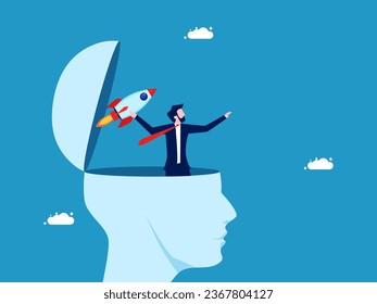 Innovative ideas. Businessman throwing a rocket from his head