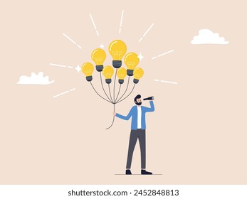 Innovative Ideen, Kreativität und Business Paket Entwicklung, Anregungen und Erfinderkonzepte. Ein visionärer Geschäftsmann hält einen Glühbirnenballon und ein Fernglas in der Hand und symbolisiert so Inspiration und Weisheit.