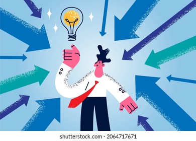 Innovative ideas and creativity concept. Young smiling businessman thinking having great idea on mind with light bulbs above vector illustration 