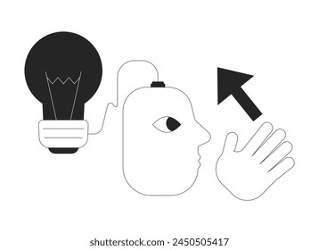 Ideas innovadoras que generan dibujos animados en 2D en blanco y negro. Cabeza con bombilla conectada perfil de Vector aislado. Ilustración monocromática de punto plano de tecnología de desarrollo