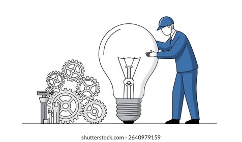 Innovative Ideas Man Lightbulb and Gears Engineering Process Creativity Solutions Concept Thinking