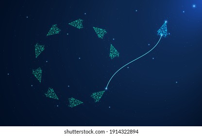 Innovative ideas polygon light blue paper plane changing direction and all the light green paper plane fly in a circle. Innovative creative business concept futuristic vector illustration