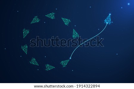 Innovative ideas polygon light blue paper plane changing direction and all the light green paper plane fly in a circle. Innovative creative business concept futuristic vector illustration