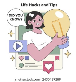 Innovative Ideas set. Illuminating everyday life with practical tips and clever solutions. Sharing knowledge and bright insights on social media. Flat vector illustration.