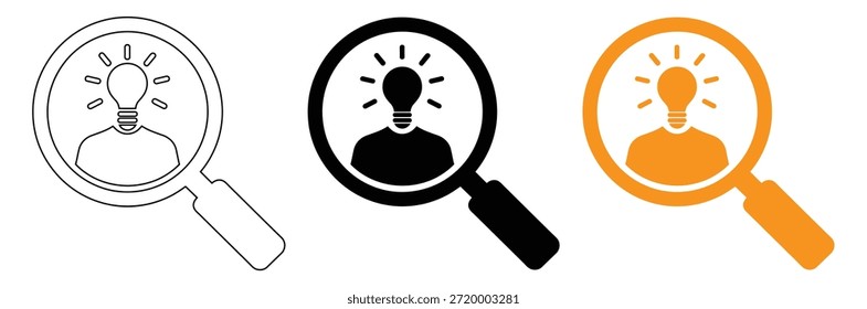 Ideas innovadoras bajo lupa para soluciones de negocios, ícono de Vector de búsqueda de nueva idea con lupa | pictogramas conceptuales de diseño plano moderno negro 
