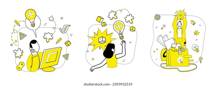 Innovative ideas vector illustration. Brainstorming and knowledge are dynamic winds steering ship solutions The tapestry achievement is woven from threads innovative ideas Discovery transforms