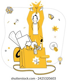 Innovative ideas vector illustration. Brainstorming and knowledge are dynamic winds steering ship solutions The tapestry achievement is woven from threads innovative ideas Discovery transforms