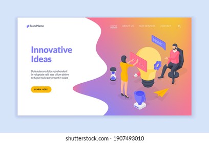 Innovative ideas website banner template. Cartoon characters man and woman offering and discussing innovative ideas around huge light bulb. Isometric vector illustration