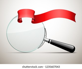 Innovative illustration 3d realistic loupe icon search isolated with red ribbon. Creative banner illustration search answers. modern design magnifying glass logo for Zoom And Tool with red ribbon