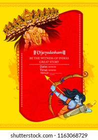 Innovative illustration  abstract or poster for of Lord Rama with bow arrow killing Ravan with Hindi text Dussehra, Navratri festival of India 