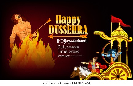 Innovative illustration of Lord Rama with bow arrow killing Ravan Happy Dussehra festival of India background with Hindi text Dussehra