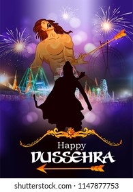 Innovative illustration of Lord Rama with bow arrow killing Ravan Happy Dussehra festival of India background with Hindi text Dussehra