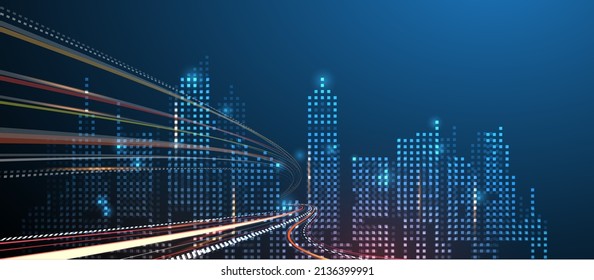 Innovative image of futuristic wireless connection network technology buildings and skyscrapers on glowing blue background.