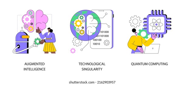 Innovative information technology abstract concept vector illustration set. Augmented intelligence, technological singularity, quantum computing, computer science, machine learning abstract metaphor.