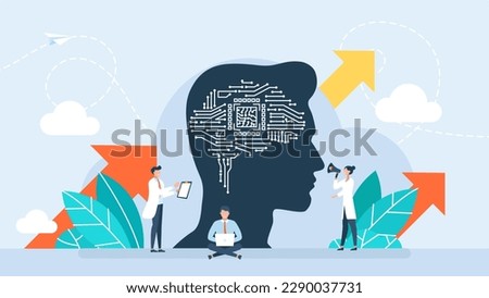 Innovative information technology. Augmented intelligence, machine learning metaphor. Scientists creating artificial intelligence, writing codes, programming machine learning. Vector illustration